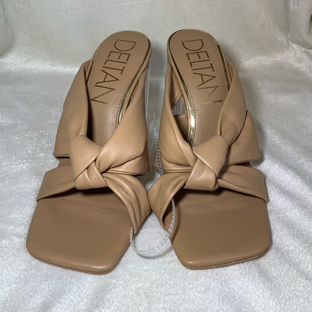 NEW Deltan “Kira” Puffy Tan Leather Square Toe Sandals Acrylic Clear Heels NWOT - Picture 4 of 10